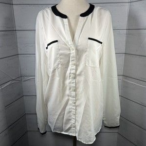 Calvin Klein Women's Button Down Long Sleeve Blouse V Neck White Size Medium